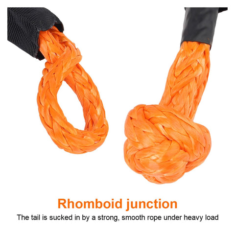 38,000 Lbs Synthetic Fiber Soft Shackle showing rhomboid junction and protective sleeve, ideal for vehicle recovery and off-road towing
