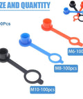 Grease Zerk Fitting Caps 300Pcs Assortment Kit M6 Red M8 Blue M10 Black with size indicators in polyethylene.