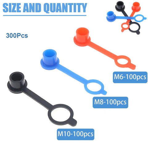 Grease Zerk Fitting Caps 300Pcs Assortment Kit M6 Red M8 Blue M10 Black with size indicators in polyethylene.