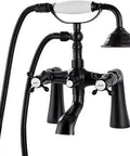 Clawfoot Tub Filler Faucet Deck Mount With Telephone Shaped Handheld Shower Six Inch Center Old School Vintage Vibe Two Cross Handles 360 Degree Rotating Spout Solid Brass Oil Rubbed Bronze 1.25 GPM