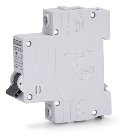 Side view of AC Miniature Circuit Breaker 20 Amp 120V 240V One Pole DIN Rail Mount MCB With Thermal Magnetic Trip Solar Disconnect Switch C20