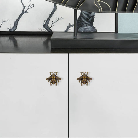 Bee Cabinet Knob Set Solid Four Pack Bumble Bee Insect Drawer Pulls Zinc Alloy Bronze Finish on White Cabinet