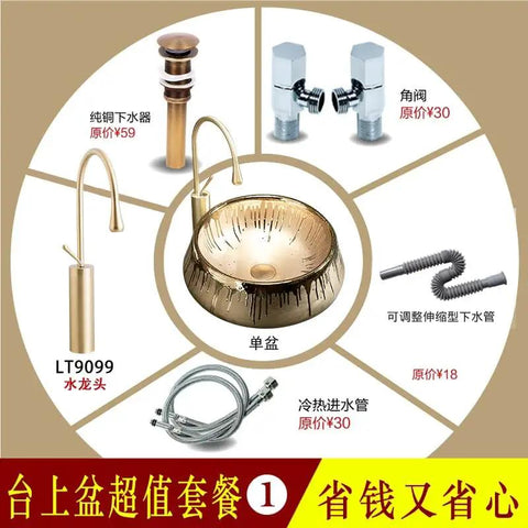 USZWBY European Style Golden Vessel Vanity Sink Above Counter Basin for Bathroom Or Balcony Home Décor with modern faucet and accessories.