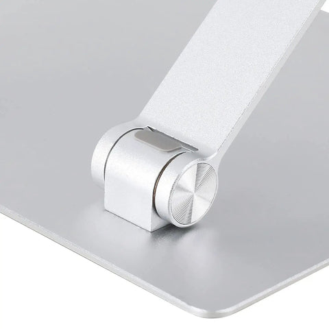 Close-up of hinge on Sturdy Portable Ergonomic Laptop Stand For Desk With Height Adjustable Riser And Ventilated Cooling Foldable Frame Fits Most Laptops Up To 15 Inches Silver