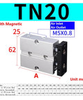 Tough Dual Rod Pneumatic Air Cylinder With Guided Double Acting Piston And Snappy 35 Millimeter Stroke Plus 10 To 32 Mm Bore Options, TN20 model with air inlet and outlet.