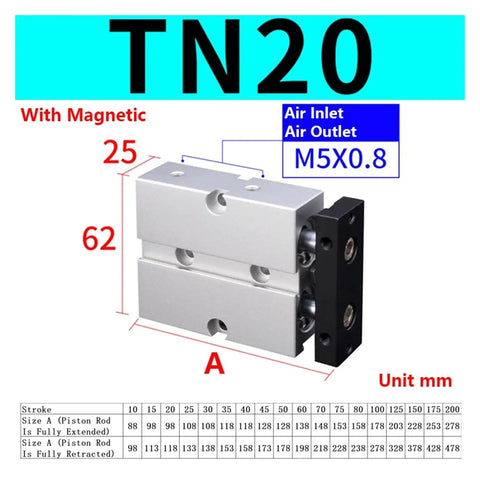 Top Notch Dual Rod Air Cylinder Pneumatic Actuator Double Acting Guided Piston with magnetic mount and dimensions shown.