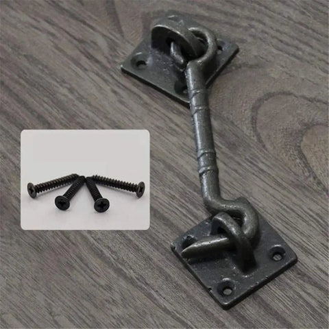 Two Piece Heavy Duty 4 1/2 Inch Sliding Barn Door Hardware Set With Slick Cast Copper Latch Hook And Eye Lock Rust Resistant showing latch and screws.