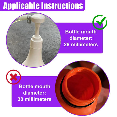 No Sweat Hand Pump For Standard Quart Bottles With Dual Suction Tubes And 28 Millimeter Caps shown with compatible bottle sizes.