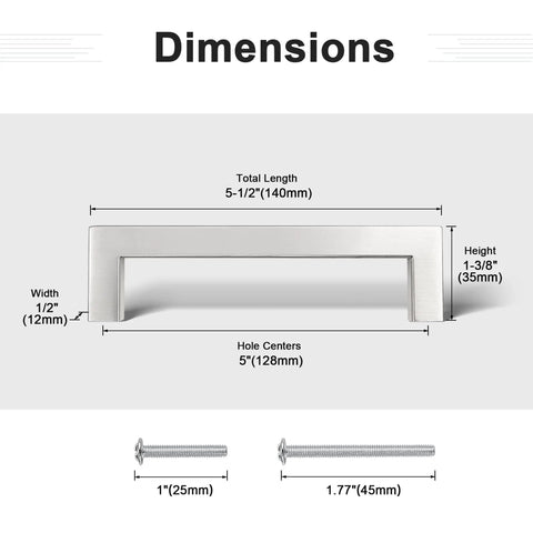 10 Pack Five Inch Hole Centers Brushed Nickel Cabinet Pulls showing dimensions and included screws