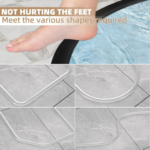 Slick Nifty 39 Inch Black Shower Threshold Water Dam Stopper with flexible shapes ideal for foot safety, across tiled bathroom floor.