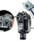 Universal RV Awning Motor Replacement with Black Connector, 12V DC, 75 RPM, quick retract, tool detail and parts view, easy install.