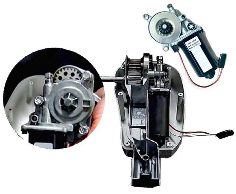 Universal RV Awning Motor Replacement with Black Connector, 12V DC, 75 RPM, quick retract, tool detail and parts view, easy install.