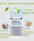 Game Changing Countertop Ice Cube Maker Pushing Fifty Five Lbs Of Clear Ice Daily With Lightning Fast Cycles A Lcd Screen with various drinks and iced food.