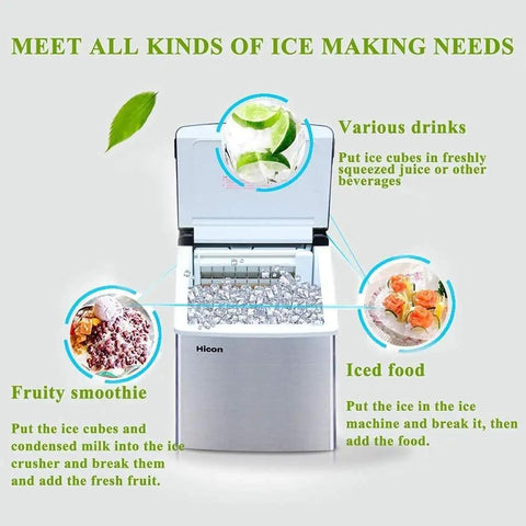 Game Changing Countertop Ice Cube Maker Pushing Fifty Five Lbs Of Clear Ice Daily With Lightning Fast Cycles A Lcd Screen with various drinks and iced food.