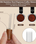 51mm Espresso Tamper Set With 30 Lb Consistent Pressure, Spring Loaded Calibrated Tamper, Silicone Mat, Coffee Stirrer And Distribution Tool, Wooden Barista Kit For Home Espresso Machines, Ideal For Your Italian Moment, showing espresso coffee stirrer with wood handle and stainless steel needles