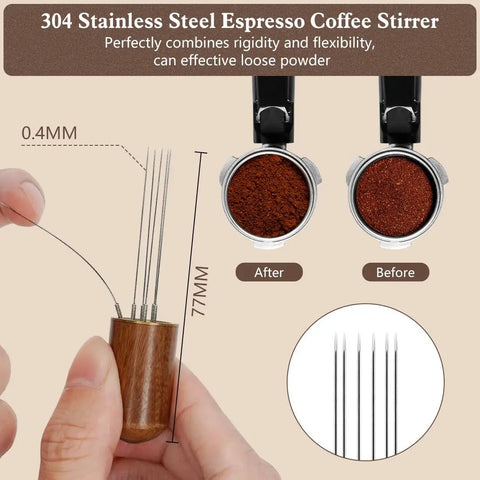 51mm Espresso Tamper Set With 30 Lb Consistent Pressure, Spring Loaded Calibrated Tamper, Silicone Mat, Coffee Stirrer And Distribution Tool, Wooden Barista Kit For Home Espresso Machines, Ideal For Your Italian Moment, showing espresso coffee stirrer with wood handle and stainless steel needles