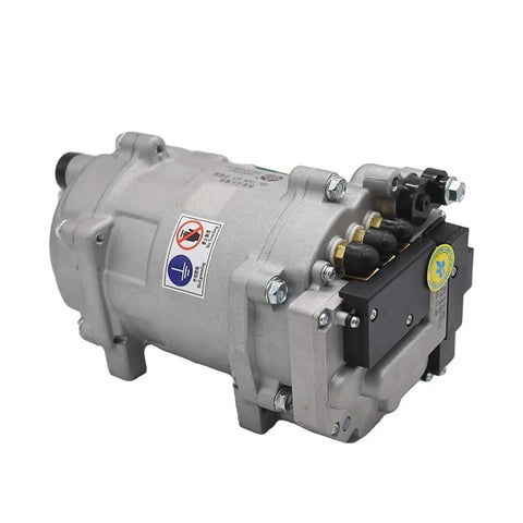 Universal Electric AC Compressor Kit with Quick Connect Hoses, aluminum block, for pickups, sedans, and campers.