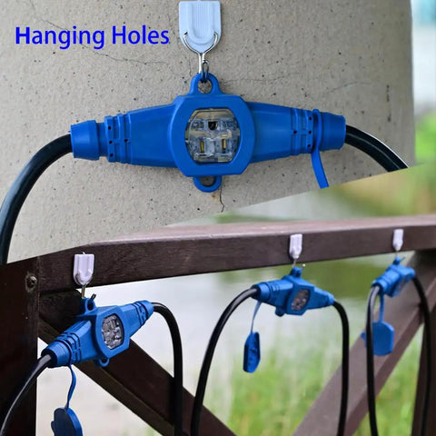 Heavy Duty 50 Foot Extension Cord 12 Gauge With 7 NEMA 5-15R Outlets And Blue Indicator Lights, hanging via hooks