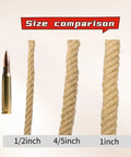 Size comparison of braided hemp ropes: 1/2 inch, 4/5 inch, 1 inch, alongside a bullet, showing thickness of Heavy Duty Half Inch 100 Ft Jute Rope For DIY Crafts, Landscaping, Home Decor, And Gardening, Braided Hemp Rope Designed For Indoor And Outdoor Use, Ultra Durable Multipurpose