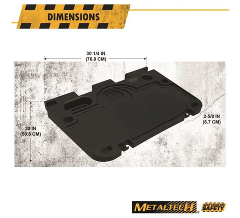 Zero Hassle Heavy Duty Baker Tool Tray For Active Job Sites With Six Foot Tool Deck Space And Quick Rung Mount Setup In Tough Black, dimensions displayed.