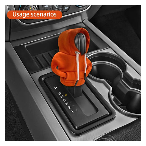 Orange Gear Shift Hoodie Cover for Cars on a black auto shifter showing sporty and cozy interior style.