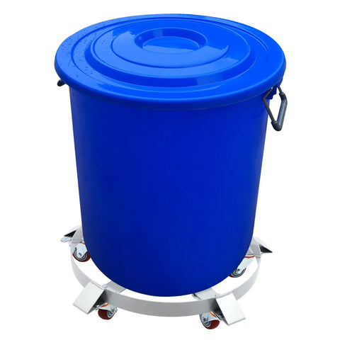 Heavy Duty Steel Drum Dolly For 55 Gallon Barrels With Cross Braces And 4 Swivel Casters, blue barrel on steel dolly