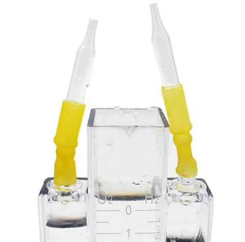 Ultimate Water Electrolyzer Kit For Science Class showing gas collection tubes with yellow fittings for hydrogen and oxygen production.