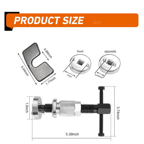Product size diagram of Brake Caliper Compression Tool Set For Car Disc Brakes, Chrome Plated Steel Piston Rewind Tool, Universal Use