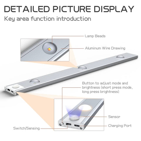 Two Pack Magnetic Under Cabinet Lights With Motion Sensor, Dimmable And Rechargeable USB Battery, product details displayed