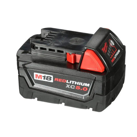 M18 XC 5.0Ah Starter Kit With Battery Charger And Case Delivers Pro Grade Power With Onboard Fuel Gauge Total System Communication And Overload Protection Built For Durability And Long Lasting Runtime On Tough Jobs. Black and red battery.