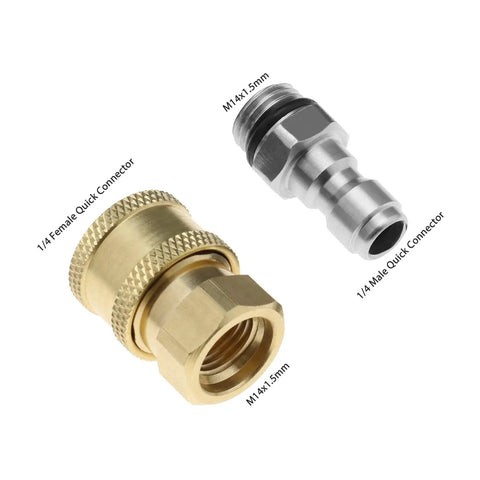 Set Of 2 Pressure Washer Adapters Quarter Inch Quick Connect To M14 Thread Brass Coupling Quick Disconnect Kit shown in close-up