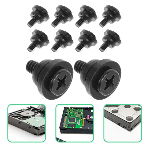 Ten Piece Hard Drive Screws With Allen Key For 2 5 Inch Ssd And 3 5 Inch Hdd Featuring Shock Absorbing Spacers Made For Pc Gaming Rigs And Builds When Locked Super Tight To Save Time While Avoiding Screw Issues During Maintenance For Secure Build Now, black screws