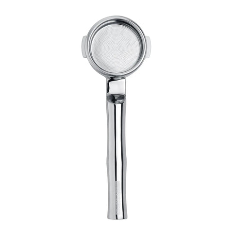 Heavy Hitter 58mm Bottomless Portafilter Fits Breville Sage Espresso Maker, 304 stainless steel with flat handle.