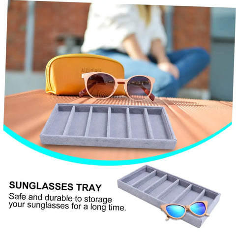 Clean Setup Six Slot Black Sunglasses Display Holder And Jewelry Organizer Box With Solid Build And Scratch Free Tray to keep your shades organized.