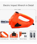 Electric Impact Wrench in Detail showing size, comfort grip, steering switch, and included socket sizes.