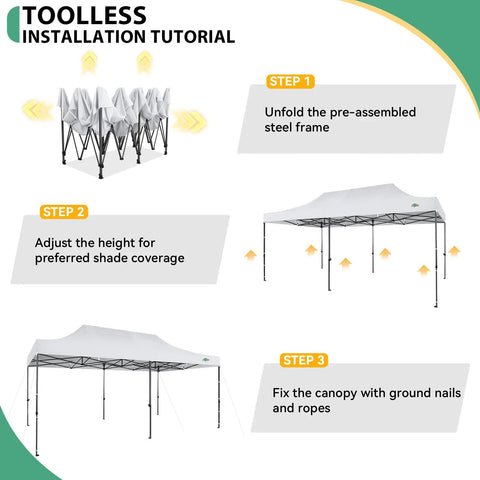 Toolless installation steps for Beefed Up 10x20 Pop Up Canopy Tent With Six Sidewalls And Thickened Frame For Outdoor Weddings And Parties
