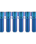 Six blue titanium bolts in a row, visible from the front. Product: Blue Titanium M8x25mm Bolt With Washer For BMX Bike Stem Six Pack.