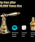 Polished Gold 3 Hole Bathroom Faucet Set With Overflow Pop Up Drain Easy Install Widespread Brass Two Handle Bath Tub Faucet For Restroom Sink No Drip Ceramic Valve with components