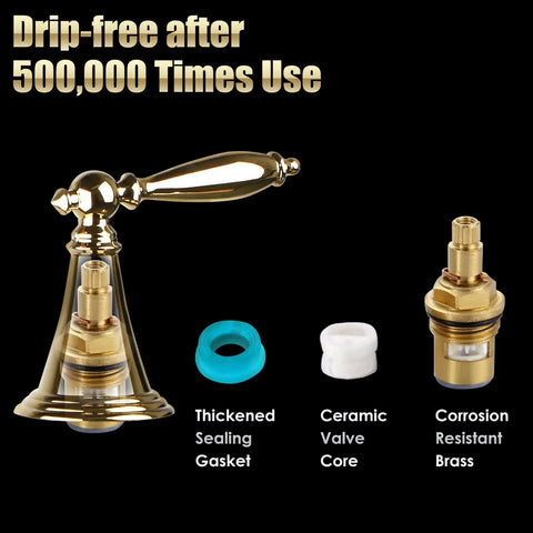 Polished Gold 3 Hole Bathroom Faucet Set With Overflow Pop Up Drain Easy Install Widespread Brass Two Handle Bath Tub Faucet For Restroom Sink No Drip Ceramic Valve with components