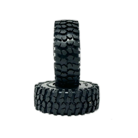 Black Label M/T 63mm by 21mm RC Tires for 1/24 Crawlers, side and front view showing tread, fits Axial SCX24 RGT Element Enduro URUAV.