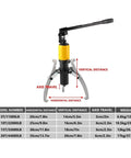 Heavy Duty Hydraulic Bearing Puller Kit With 2 And 3 Jaw Wheel Bearing Separator showcasing specifications table and puller setup.