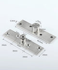 Three Piece 360 Degree Rotating Door Hinges Center Pivot Set with hardware and measurements visible, stainless steel material.