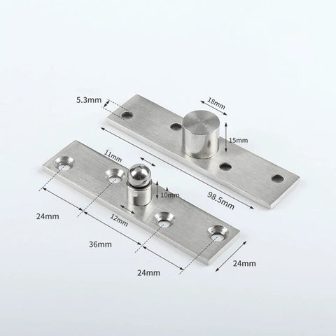 Three Piece 360 Degree Rotating Door Hinges Center Pivot Set with hardware and measurements visible, stainless steel material.