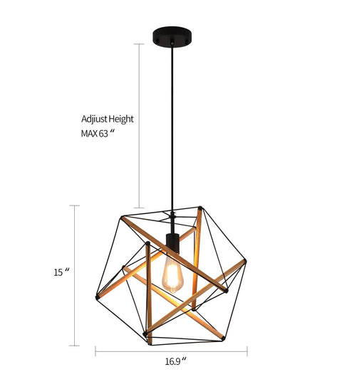 Dope Black Geometric Art Deco Pendant Light With Wood Accents Modern Industrial Hanging Fixture, 16.9in diameter