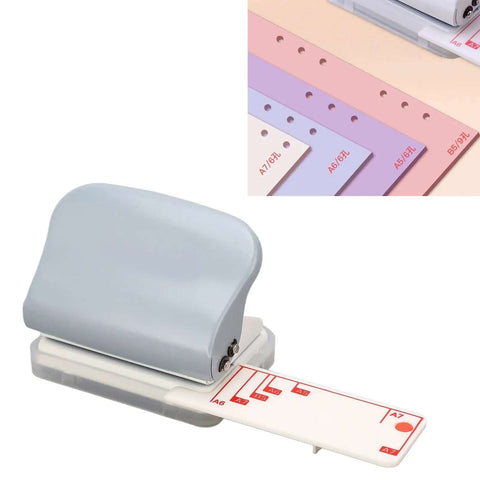 Portable 3 Hole Punch For Scrapbooks And Crafts, gray handheld paper punch, 5 sheet capacity, adjustable hole pattern, integrated ruler