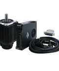 Front view of black servo motor with attached driver module and bundled control cable with DB-style connector
