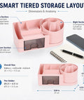 Pink Go To Desk Organizer With Drawer And Pen Holder For Home Office showing dimensions and compartments.