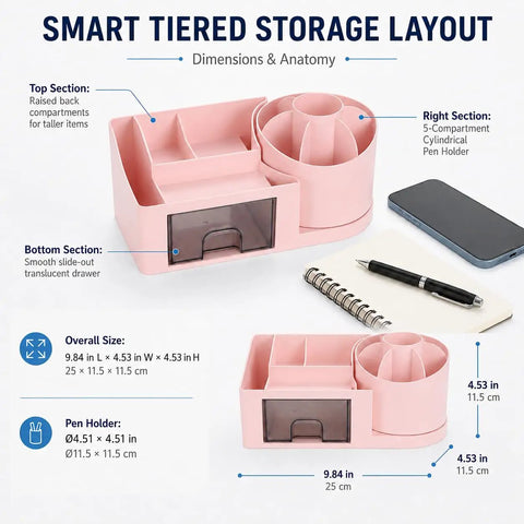 Pink Go To Desk Organizer With Drawer And Pen Holder For Home Office showing dimensions and compartments.