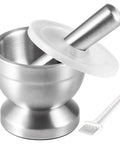 18/8 Stainless Steel Mortar And Pestle Set with brush, showing compact palm-sized kitchen tool, rustproof design with lid