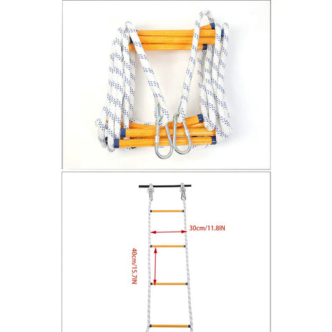 16 Foot Emergency Fire Escape Rope Ladder For Two Story Homes coiled with wooden rungs and metal hooks for safety evacuation.